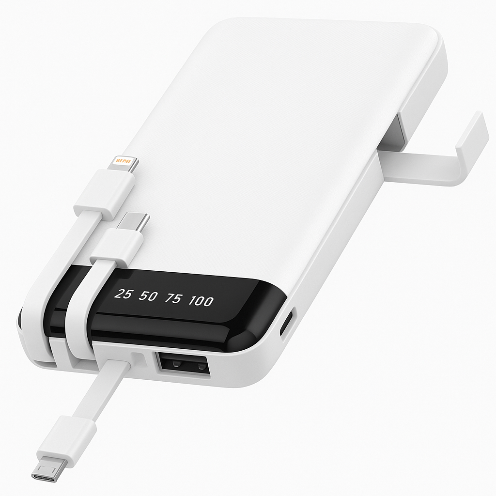 (BANK30B) 10000mAh Capacity Portable Slim Power Bank with Built in Cable